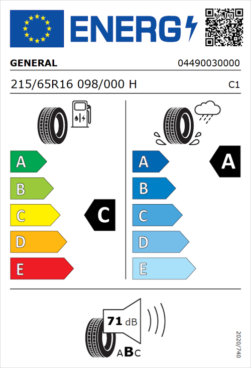 Tyre Label for General Grabber GT Plus 215/65R16 098/000H
