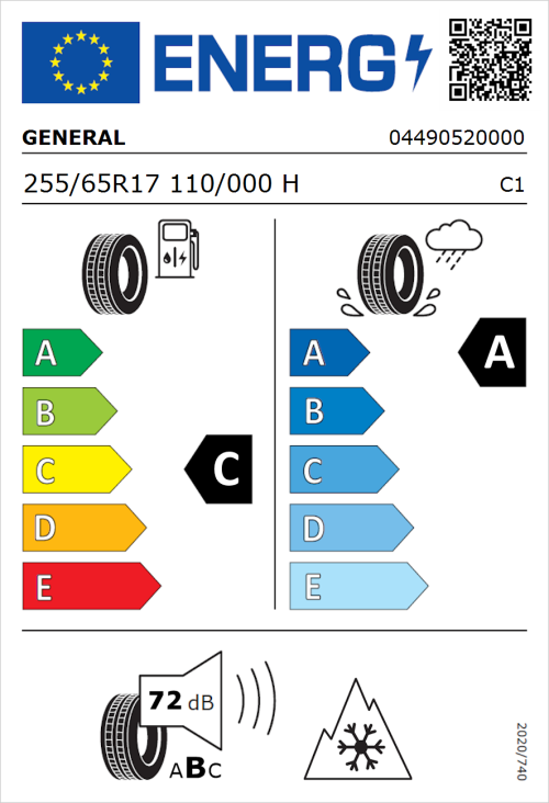 Tyre Label for General Grabber GT Plus 255/65R17 110/000H