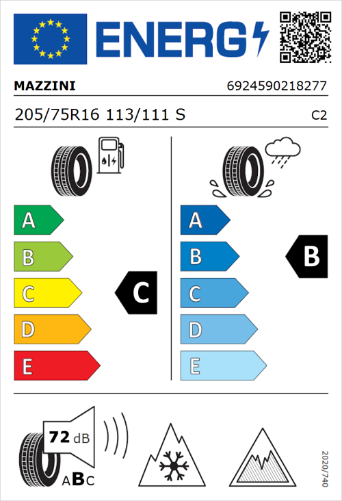 Tyre Label for Mazzini Van AS9 205/75R16 113/111S