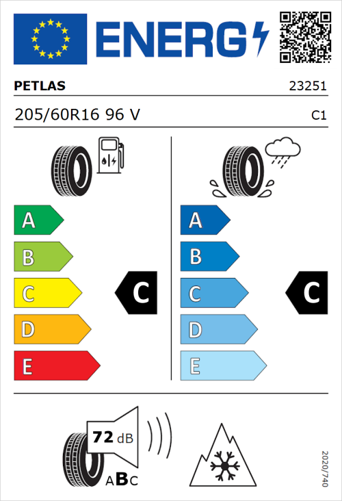 Tyre Label for Petlas Multi Action PT565 205/60R16 96V