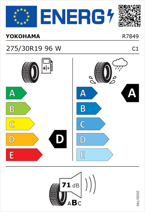Tyre Label for Yokohama Advan Neova AD09 275/30R19 96W