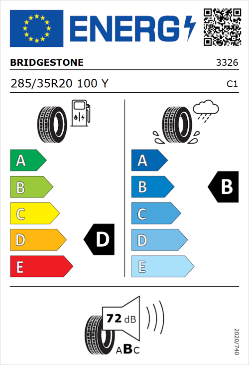 Tyre Label for Bridgestone Potenza RE050A 285/35R20 100Y